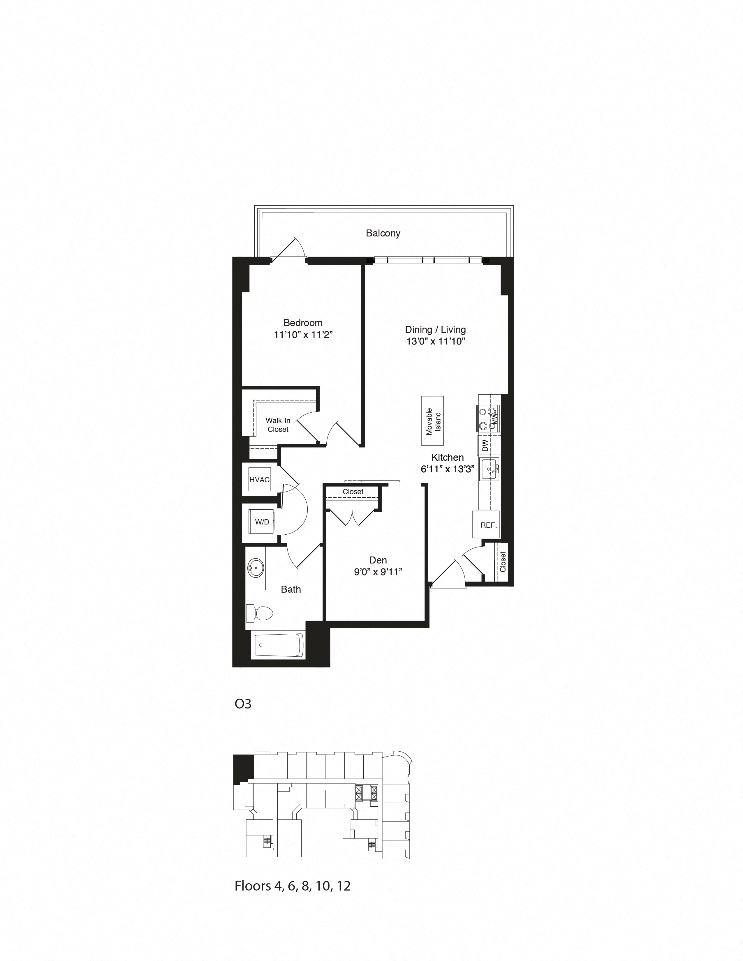 Floor plan for 1 bed, 1 bath, 845 sqft